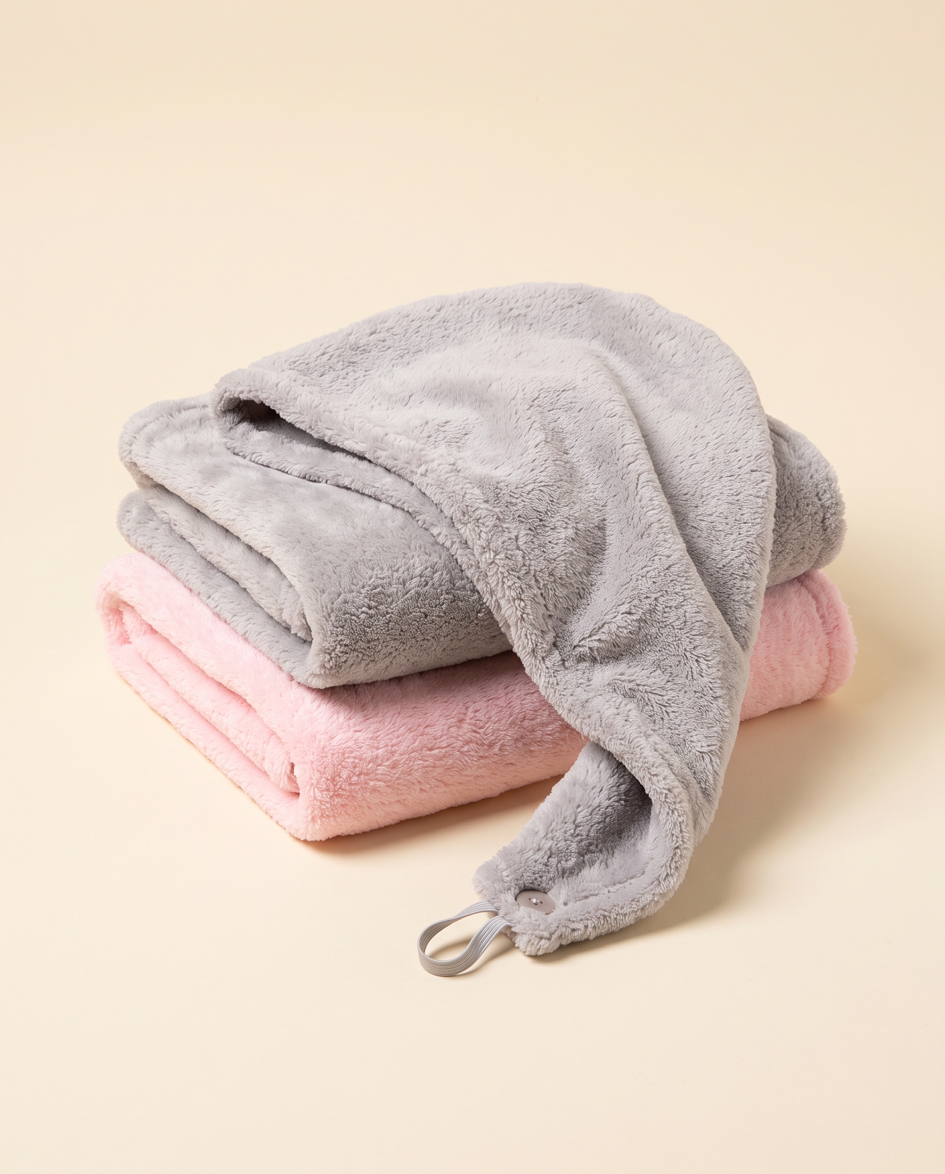 Two coral fleece hair towel wraps, one grey and one pink, with button loop