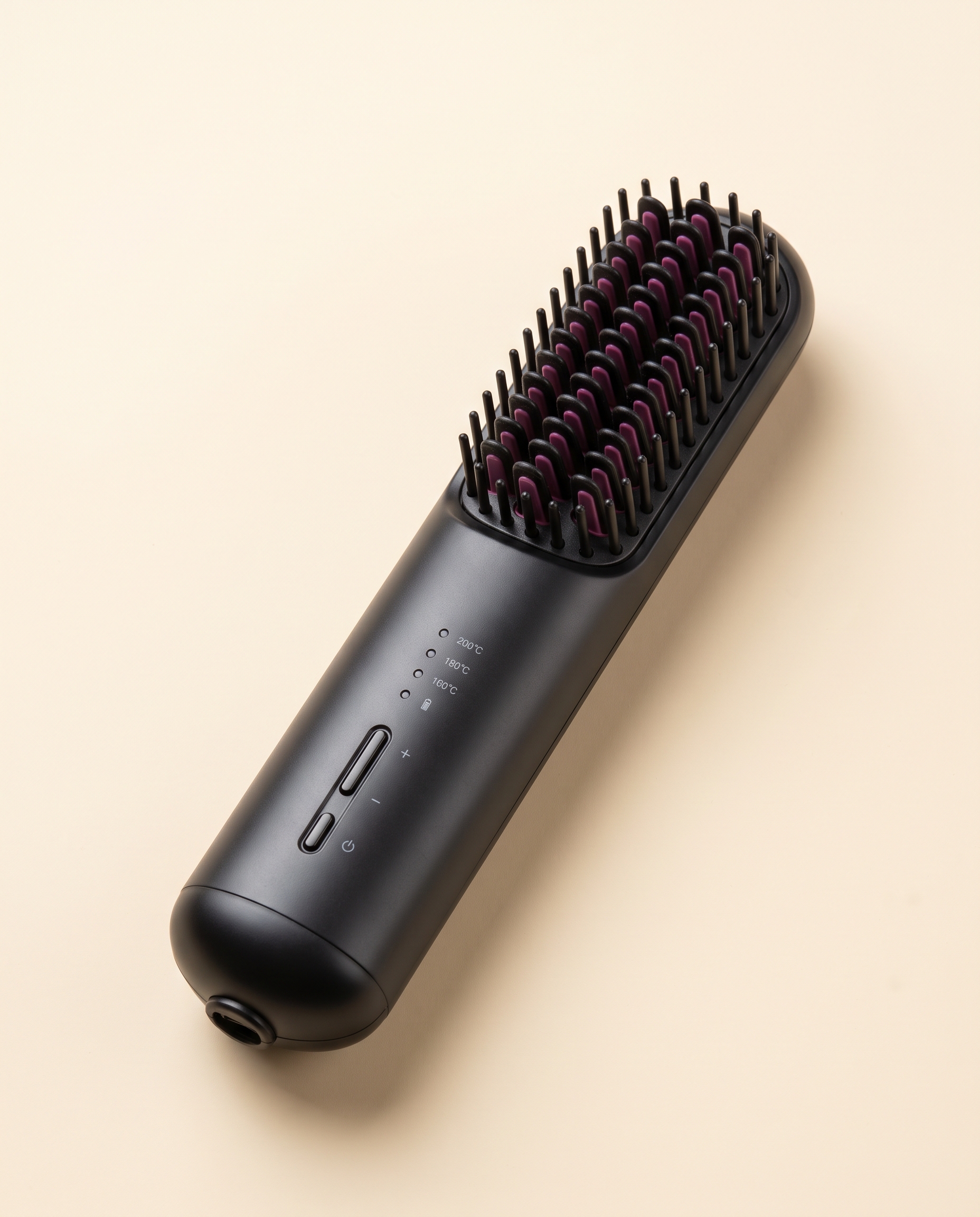 Black cordless heated beard and hair styling brush with three heat settings